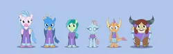 Size: 12338x3839 | Tagged: safe, artist:gd_inuk, derpibooru import, gallus, ocellus, sandbar, silverstream, smolder, yona, changedling, changeling, classical hippogriff, dragon, earth pony, gryphon, hippogriff, pony, yak, 2 4 6 greaaat, band uniform, blue background, bow, cheerleader, cheerleader ocellus, cheerleader outfit, cheerleader smolder, cheerleader yona, clothes, cloven hooves, colored hooves, dragoness, fangs, female, gallus is not amused, hair bow, high res, image, jewelry, looking at you, male, monkey swings, necklace, png, simple background, story included, student six, teenager, unamused