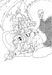 Size: 2054x2919 | Tagged: safe, artist:mohawkrex, derpibooru import, discord, pinkie pie, draconequus, earth pony, pony, black and white, chaos, crying, discopie, female, grayscale, image, jpeg, lineart, looking at each other, male, mare, monochrome, rain, sad, shipping, simple background, sitting, straight, umbrella, white background, wip