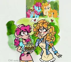 Size: 2453x2139 | Tagged: safe, artist:citi, derpibooru import, screencap, cup cake, pear butter, human, the perfect pear, blushing, cake, chiffon swirl, clothes, cutie mark, cutie mark accessory, cutie mark on clothes, flower, flower in hair, food, heart, humanized, image, jpeg, messy hair, messy mane, scene interpretation, screencap reference, younger