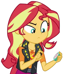 Size: 2581x3047 | Tagged: safe, artist:sketchmcreations, derpibooru import, sunset shimmer, equestria girls, equestria girls series, holidays unwrapped, spoiler:eqg series (season 2), clothes, female, geode of empathy, image, jacket, leather jacket, magical geodes, png, raised eyebrow, saving pinkie's pie, shoulderless, simple background, skeptical, timer, transparent background, vector