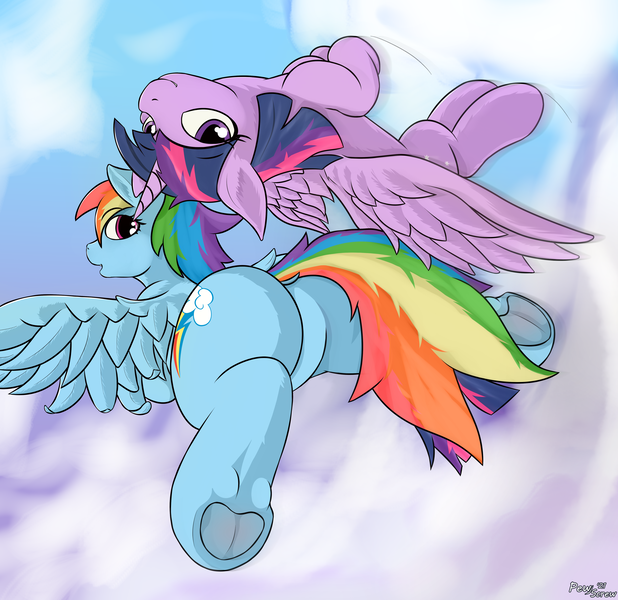 Size: 4426x4296 | Tagged: safe, alternate version, artist:pew-screw, derpibooru import, rainbow dash, twilight sparkle, twilight sparkle (alicorn), alicorn, pegasus, pony, butt, cloud, cute, cutie mark, dock, featureless crotch, female, flying, frog (hoof), image, lesbian, mare, plot, png, shipping, signature, smiling, twidash, underhoof