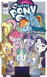 Size: 1920x3168 | Tagged: safe, artist:alexdti, derpibooru import, applejack, fluttershy, pinkie pie, rainbow dash, rarity, twilight sparkle, oc, oc:ale, oc:marco, oc:umberto, alicorn, earth pony, pegasus, pony, unicorn, comic:quest for friendship, comic, cover, cover art, i can't believe it's not idw, image, mane six, marshmelodrama, png, rarity being rarity, scared, style emulation, treasure chest