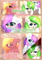 Size: 800x1132 | Tagged: safe, artist:alphadesu, derpibooru import, oc, oc:minty root, oc:snow kicker, unofficial characters only, pegasus, pony, unicorn, comic:sisterly love, blaze (coat marking), comic, female, fluffy, image, mare, misspelling, png, sad eyes, siblings, socks (coat marking)