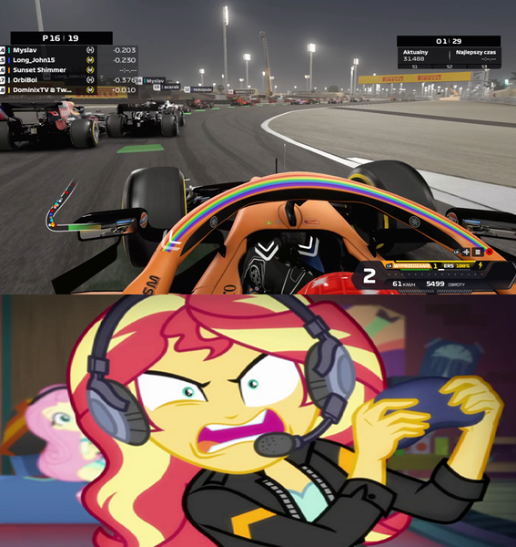 Size: 817x864 | Tagged: safe, derpibooru import, edit, edited screencap, screencap, fluttershy, sunset shimmer, equestria girls, equestria girls series, game stream, spoiler:eqg series (season 2), angry, comparison, controller, drift, duo, duo female, f1 2020, f1 car, female, formula 1, image, mclaren, open mouth, png, rage, shimmercode, solo, tell me what you need, wrong aspect ratio