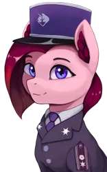 Size: 1872x3000 | Tagged: safe, artist:mrscroup, derpibooru import, oc, oc:claret, unofficial characters only, earth pony, pony, bust, clothes, image, kepi, not pinkamena, not pinkie pie, png, portrait, simple background, solo, transparent background, uniform