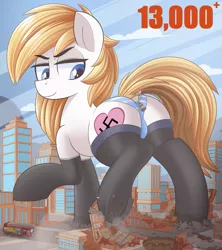 Size: 2169x2439 | Tagged: suggestive, artist:nignogs, derpibooru import, oc, oc:aryanne, oc:veronika, unofficial characters only, earth pony, pony, art pack:marenheit 451 post-pack, blue underwear, building, cage, city, clothes, cloud, comments locked down, comments more entertaining, crotch bulge, destruction, dock, female, fire engine, flattened, giant aryanne, giant pony, giant/macro earth pony, giantess, graveyard of comments, hoofprints, image, looking down, macro, nazi, panties, png, raised hoof, rope, searchlight, sky, skyline, smiling, smirk, socks, squished, stepped on, stepping on something, street, striped underwear, swastika, underhoof, underwear