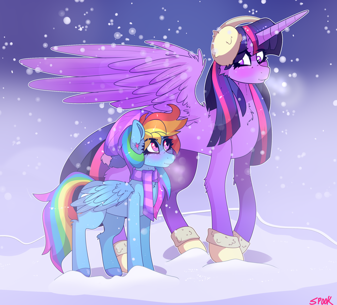 Size: 2364x2139 | Tagged: safe, artist:aaa-its-spook, derpibooru import, rainbow dash, twilight sparkle, twilight sparkle (alicorn), alicorn, pegasus, accessories, blushing, clothes, earmuffs, female, image, lesbian, png, scarf, shipping, size difference, snow, snowfall, twidash