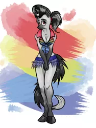 Size: 1500x2000 | Tagged: suggestive, artist:borsch-zebrovich, derpibooru import, oc, unofficial characters only, anthro, earth pony, unguligrade anthro, breasts, cleavage, clothes, embarrassed, hooves, image, jpeg, ponytail, simple background, swimsuit, tail