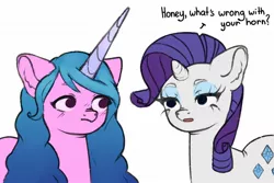 Size: 1500x1000 | Tagged: safe, artist:hirichie, derpibooru import, izzy moonbow, rarity, pony, unicorn, dialogue, female, g5, horn, horn envy, image, jpeg, long horn, looking at each other, mare, simple background, white background