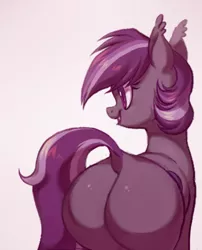 Size: 695x861 | Tagged: suggestive, artist:toroitimu, derpibooru import, oc, oc:iris, unofficial characters only, bat pony, pony, bat pony oc, bat wings, butt, dock, female, gradient background, image, mare, plot, png, rear view, smiling, solo, solo female, wide hips, wings