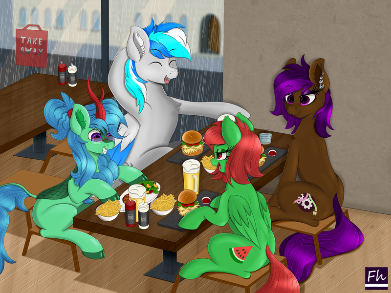 Size: 6000x4500 | Tagged: safe, artist:chrisfhey, derpibooru import, oc, oc:berry mocha, oc:hawker hurricane, oc:lex rudera, oc:watermelon frenzy, earth pony, kirin, pegasus, alcohol, beer, burger, food, hamburger, image, jpeg, kirin eating meat, rain