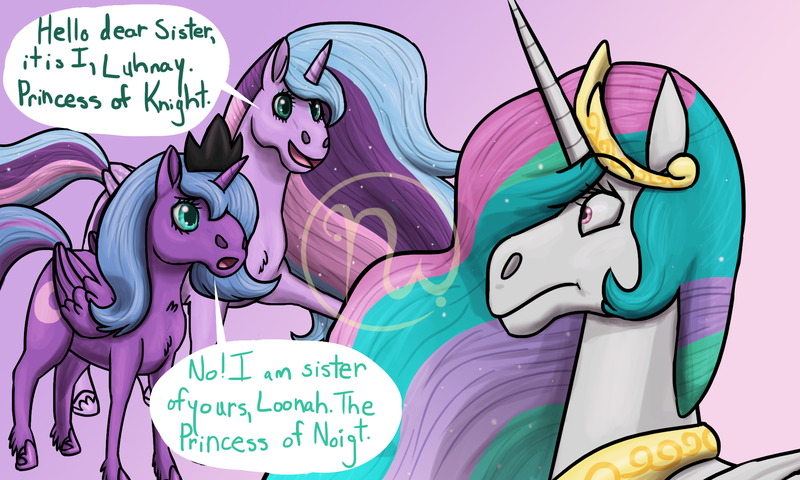 Size: 2000x1200 | Tagged: safe, artist:azurllinate, derpibooru import, princess celestia, princess luna, alicorn, pony, accessories, alternate design, colored pupils, confusion, cute, engrish, fake, fake luna, female, green eyes, height difference, image, impostor, jewelry, long mane, long tail, looking at each other, lunabetes, multicolored mane, multicolored tail, pink eyes, png, s1 luna, siblings, simple background, sisters, speech, speech bubble, standing, surprised, talking, teal eyes, tiara, wide eyes