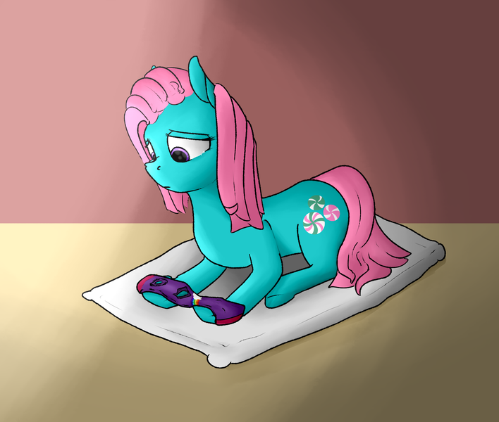 Size: 1738x1472 | Tagged: safe, artist:uteuk, derpibooru import, minty, earth pony, pony, clothes, g3, image, png, ripping clothes, sad, socks
