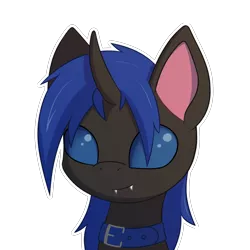 Size: 2000x2000 | Tagged: safe, artist:keupoz, derpibooru import, oc, oc:swift dawn, unofficial characters only, changeling, pony, blue changeling, bust, changeling oc, collar, commission, fangs, image, looking at you, pet, png, portrait, signature, simple background, smiling, smiling at you, transparent background