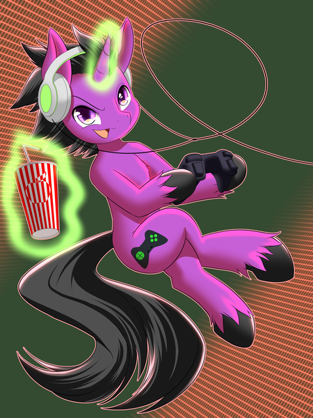 Size: 3000x4000 | Tagged: safe, artist:phoenixperegrine, derpibooru import, oc, oc:jimmy, unofficial characters only, pony, unicorn, controller, headphones, image, jpeg, magic, solo, telekinesis, unshorn fetlocks