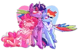 Size: 2000x1282 | Tagged: safe, artist:dazzledoves, derpibooru import, pinkie pie, rainbow dash, twilight sparkle, twilight sparkle (alicorn), alicorn, earth pony, pegasus, pony, bisexual, blushing, cheek fluff, chest fluff, ear fluff, female, fluffy, heart, horn, hug, image, leaning on someone, lesbian, looking away, pale belly, png, polyamory, rainbow power, shipping, simple background, smiling, titterina design, transparent background, twidashpie, winghug, wings
