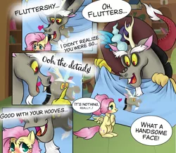 Size: 2000x1738 | Tagged: suggestive, artist:fluffleart, derpibooru import, discord, fluttershy, pegasus, pony, comic, comic strip, cute, discoshy, duo, female, image, male, png, shipping, straight
