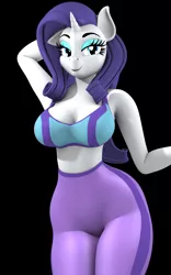 Size: 2500x4000 | Tagged: safe, artist:argos90, derpibooru import, rarity, anthro, plantigrade anthro, unicorn, 3d, arm behind head, black background, breasts, busty rarity, butt, clothes, female, image, leggings, looking at you, png, rearity, simple background, solo, sports bra, tight clothing
