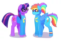 Size: 2505x1662 | Tagged: safe, artist:aaa-its-spook, derpibooru import, rainbow dash, sci-twi, twilight sparkle, pegasus, pony, unicorn, alternate hairstyle, backwards cutie mark, clothes, cute, dashabetes, eyebrows visible through hair, female, glasses, image, jewelry, lesbian, looking at each other, mare, matching outfits, necklace, png, ponytail, shipping, simple background, smiling, sweater, twiabetes, twidash, unicorn twilight, white background