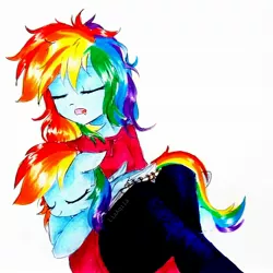 Size: 2122x2122 | Tagged: safe, artist:liaaqila, derpibooru import, rainbow dash, pegasus, pony, equestria girls, cute, dashabetes, folded wings, human ponidox, image, jpeg, self ponidox, simple background, sleeping, traditional art, white background, wings