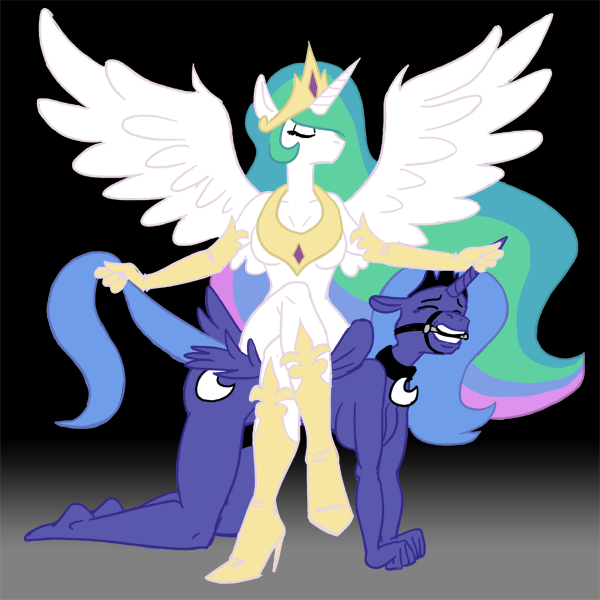 Size: 600x600 | Tagged: questionable, artist:carelessdoodler, derpibooru import, princess celestia, princess luna, alicorn, anthro, plantigrade anthro, all fours, bit gag, boots, breasts, bridle, busty princess celestia, busty princess luna, clothes, collar, crossed legs, crown, crying, digital art, duo, duo female, eyes closed, female, femdom, floppy ears, gag, hanging breasts, high heel boots, horn, horn grab, image, jewelry, png, regalia, s1 luna, shoes, simple background, sitting, sitting on person, spread wings, tack, tail, tail pull, thighs, wide hips, wings