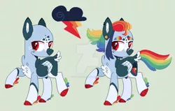 Size: 600x381 | Tagged: safe, artist:kyper-space, artist:strawberry-spritz, derpibooru import, rainbow dash, pegasus, pony, base used, chest fluff, colored hooves, deviantart watermark, feathered fetlocks, female, green background, image, jpeg, mare, obtrusive watermark, ponytail, redesign, simple background, socks (coat marking), solo, tail feathers, watermark