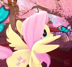 Size: 1162x1080 | Tagged: safe, artist:elektra-gertly, derpibooru import, fluttershy, butterfly, insect, pegasus, pony, 3d, cherry blossoms, cherry tree, cute, daaaaaaaaaaaw, flower, flower blossom, heart eyes, image, looking at something, png, shyabetes, solo, source filmmaker, spread wings, tree, wingding eyes, wings