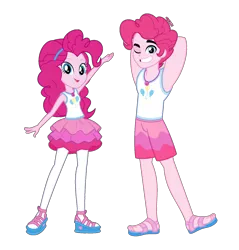 Size: 1316x1379 | Tagged: safe, artist:orin331, derpibooru import, edit, pinkie pie, equestria girls, equestria girls series, arm behind head, armpits, arms in the air, bubble berry, clothes, cutie mark, cutie mark on clothes, equestria guys, feet, geode of sugar bombs, grin, handsome, image, magical geodes, one eye closed, png, r63 paradox, rule 63, sandals, shoes, shorts, simple background, skirt, smiling, tanktop, transparent background, wink