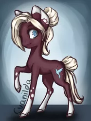 Size: 2480x3316 | Tagged: safe, artist:cvanilda, derpibooru import, oc, oc:lineth, unofficial characters only, earth pony, pony, colored hooves, earth pony oc, image, jpeg, raised hoof, signature, smiling, socks (coat marking), solo