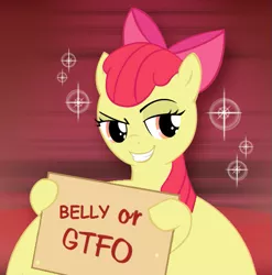 Size: 587x595 | Tagged: artist needed, suggestive, artist:preggoapplebloom, derpibooru import, edit, apple bloom, earth pony, pony, belly, big belly, bow, female, filly, foal, grin, image, parody, png, sign, smiling, solo, tits or gtfo, vulgar