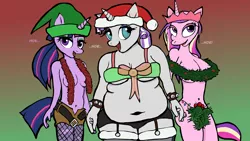 Size: 1268x713 | Tagged: suggestive, artist:nastipone, derpibooru import, princess cadance, twilight sparkle, twilight velvet, anthro, belly button, breasts, busty princess cadance, christmas, clothes, fat, female, females only, fishnets, hat, holding hands, holiday, image, lingerie, png, santa hat, sisters-in-law, socks, stockings, thigh highs, trio, trio female, twilard velvet, wreath