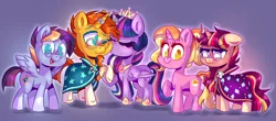 Size: 1936x854 | Tagged: safe, artist:awoomarblesoda, derpibooru import, luster dawn, sunburst, twilight sparkle, twilight sparkle (alicorn), oc, oc:dawn light, oc:tarot spell, alicorn, pony, female, image, kissing, male, offspring, parent:sunburst, parent:twilight sparkle, parents:twiburst, png, shipping, straight, twiburst