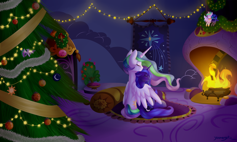 Size: 1671x1000 | Tagged: safe, artist:yoonergetic, derpibooru import, princess celestia, princess luna, alicorn, pony, christmas, christmas tree, cuddling, cute, doll, duo, eyes closed, female, fireplace, garland, hearth's warming doll, hearth's warming eve, holiday, hug, image, ornament, png, siblings, sisters, toy, tree, winghug, wreath