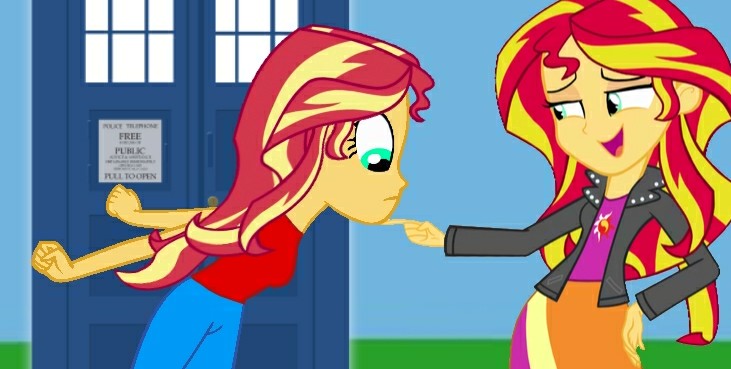 Size: 731x369 | Tagged: safe, artist:felix lynn, derpibooru import, sunset shimmer, equestria girls, doctor who, evil sunset shimmer, image, jpeg, self paradox, tardis, time travel