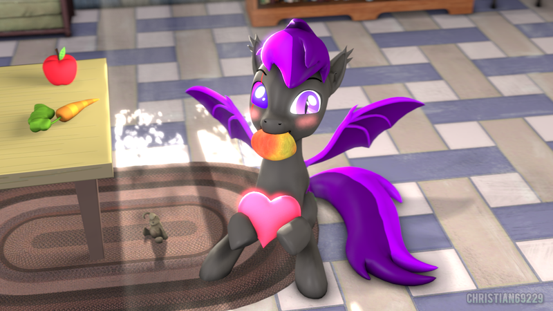 Size: 1920x1080 | Tagged: safe, artist:christian69229, derpibooru import, oc, oc:moonlight thunder, unofficial characters only, bat pony, pony, 3d, apple, blushing, carrot, food, heart, image, looking at you, male, mango, png, sitting, solo, source filmmaker, stallion, table, tongue out