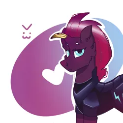 Size: 768x768 | Tagged: safe, artist:valkiria, derpibooru import, tempest shadow, unicorn, >:3, armor, banana, broken horn, cute, derpibooru exclusive, fake horn, food, heart, horn, image, looking at you, png, simple background, tempest gets her horn back
