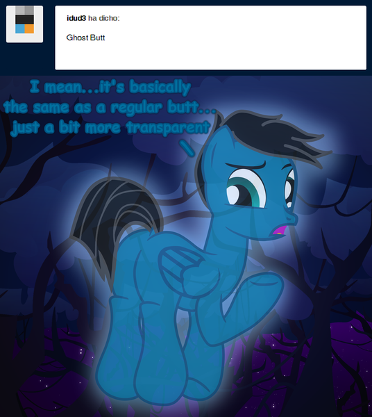 Size: 7200x8064 | Tagged: safe, artist:agkandphotomaker2000, derpibooru import, oc, oc:pony video maker, ghost, pegasus, pony, undead, tumblr:pony video maker's blog, ask, butt, dialogue, dock, forest, forest background, image, night, non-canon, not canon to oc, pegasus booty, plot, png, show accurate, transparent, tree, tumblr