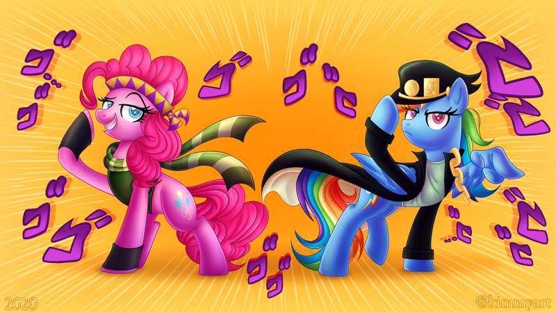 Size: 2156x1213 | Tagged: safe, artist:kimmyartmlp, derpibooru import, pinkie pie, rainbow dash, earth pony, pegasus, clothes, cosplay, costume, image, jojo's bizarre adventure, joseph joestar, jotaro kujo, menacing, png, pointing, ゴ ゴ ゴ