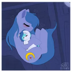 Size: 2000x2000 | Tagged: safe, artist:dreamy, artist:littledreamycat, derpibooru import, oc, oc:jewel blue, oc:shadow blue, earth pony, pegasus, pony, cuddling, cute, daughter, female, filly, image, mare, mother, mother and child, mother and daughter, patreon, patreon reward, png, sleeping