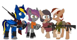 Size: 7200x3793 | Tagged: safe, artist:chub-wub, derpibooru import, oc, oc:anneal, oc:quillwright, oc:roulette, oc:solaris, unofficial characters only, bat pony, earth pony, pegasus, pony, assault rifle, bat pony oc, bat wings, body armor, clothes, female, gun, high res, image, longsword, m16, male, png, remington 700, rifle, rimworld, scarf, simple background, sword, transparent background, weapon, wings