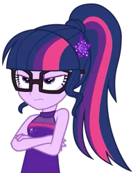 Size: 775x958 | Tagged: safe, artist:sollace, derpibooru import, sci-twi, twilight sparkle, equestria girls, equestria girls series, spring breakdown, .svg available, angry, annoyed, clothes, crossed arms, dress, female, geode of empathy, geode of shielding, geode of sugar bombs, geode of super speed, geode of super strength, geode of telekinesis, glasses, image, magical geodes, png, ponytail, rage, sci-twi is not amused, simple background, sleeveless, solo, transparent background, twilight is not amused, unamused, vector