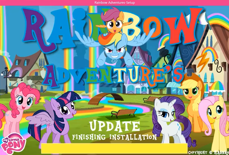 Size: 730x496 | Tagged: safe, artist:jbm-deviantart, derpibooru import, applejack, fluttershy, pinkie pie, rainbow dash, rarity, scootaloo, twilight sparkle, twilight sparkle (alicorn), alicorn, earth pony, pegasus, pony, unicorn, .exe, creepypasta, female, filly, image, png, rainbow adventures, rainbow.exe, update