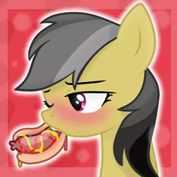 Size: 2000x2000 | Tagged: suggestive, artist:grapefruitface1, derpibooru import, daring do, base used, blushing, eating, female, food, hot dog, hot dog and bun, image, meat, nom, one eye closed, png, ponies eating meat, sausage, solo, solo female, suggestive eating