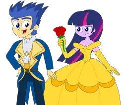 Size: 1024x863 | Tagged: safe, artist:rarity525, derpibooru import, flash sentry, twilight sparkle, equestria girls, beauty and the beast, belle, clothes, disney, dress, female, flashlight, flower, gloves, gown, image, male, png, prince adam, rose, shipping, simple background, straight, transparent background