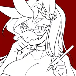Size: 450x450 | Tagged: safe, artist:ero-bee, derpibooru import, oc, oc:ero-bee, unofficial characters only, anthro, unicorn, breasts, bust, choker, cleavage, female, glasses, horn, image, png, red background, simple background, smiling, solo, stylus, unicorn oc