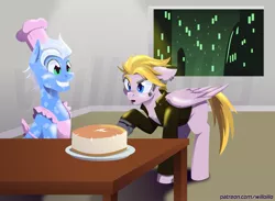 Size: 1475x1080 | Tagged: safe, artist:willoillo, derpibooru import, oc, oc:larkspur blues, oc:miranda rights, unofficial characters only, crystal pony, cyborg, pegasus, pony, cake, cheesecake, crystal pony oc, cyber legs, food, image, jpeg, pegasus oc, wings