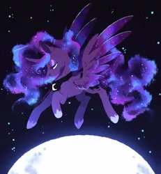 Size: 1024x1110 | Tagged: safe, artist:polkadot-creeper, derpibooru import, princess luna, alicorn, pony, ethereal mane, ethereal tail, female, image, lidded eyes, mare, moon, png, signature, solo, spread wings, stars, wings