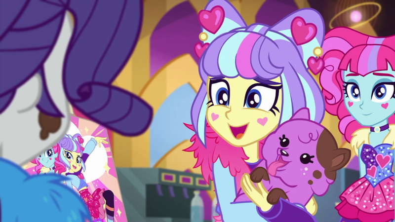 Size: 1920x1080 | Tagged: safe, derpibooru import, screencap, kiwi lollipop, princess thunder guts, rarity, supernova zap, dog, equestria girls, equestria girls series, lost and pound, spoiler:eqg series (season 2), feather boa, female, image, k-lo, png, postcrush, poster, su-z