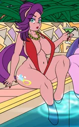Size: 1338x2125 | Tagged: suggestive, artist:dekomaru, derpibooru import, cookie crumbles, spoiled rich, anthro, pony, unguligrade anthro, absolute cleavage, big breasts, bikini, breasts, busty spoiled rich, cleavage, clothes, cropped, drink, female, huge breasts, image, mare, milf, png, sling bikini, solo, solo female, spoiled milf, swimming pool, swimsuit