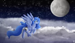 Size: 6321x3612 | Tagged: safe, artist:sevenserenity, derpibooru import, princess luna, alicorn, pony, cloud, complex background, image, improvement, moon, night, night sky, painted, png, redraw, sky, solo, stars